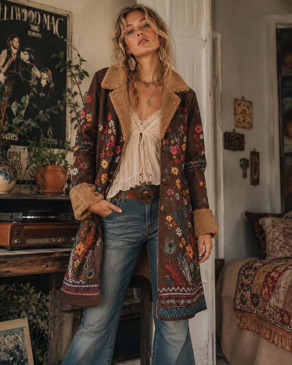 Boho Floral Sherpa Trim Faux Suede Coat Jacket XL Peacock Feather Festival